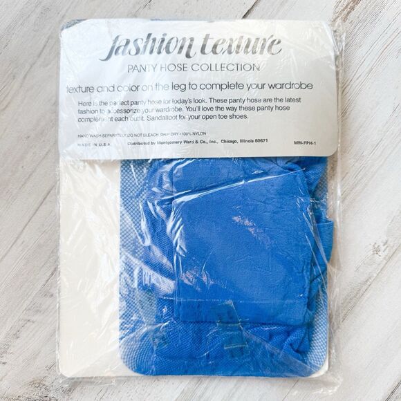 Vintage Montgomery Ward Blue Ribbons Pantyhose Sandal Toe Tall Royal Nylon NIP - Picture 4 of 6